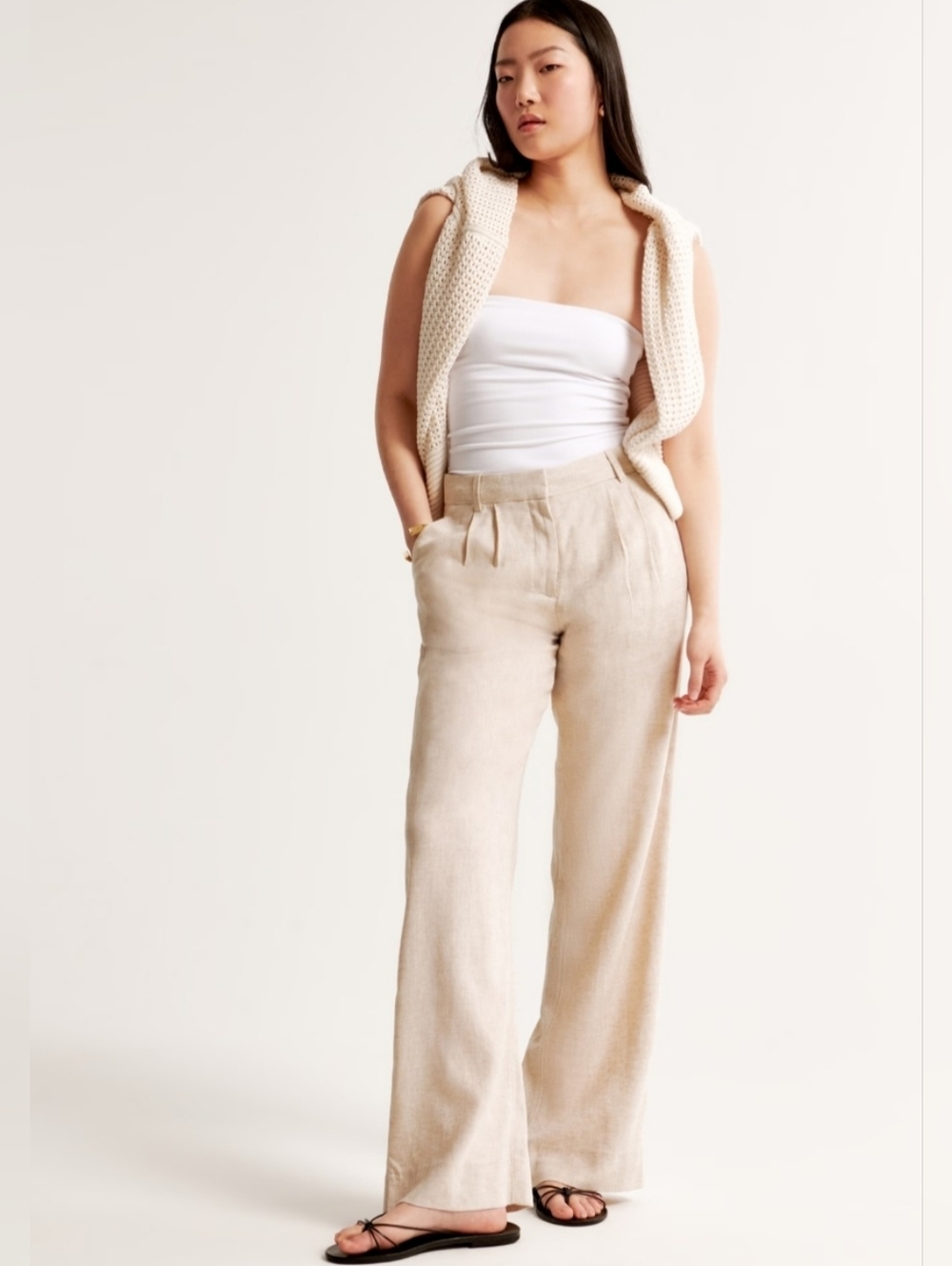 A&F Sloane Linen-Blend Wide Leg Pants Beige Size 2/26 Short NWOT
